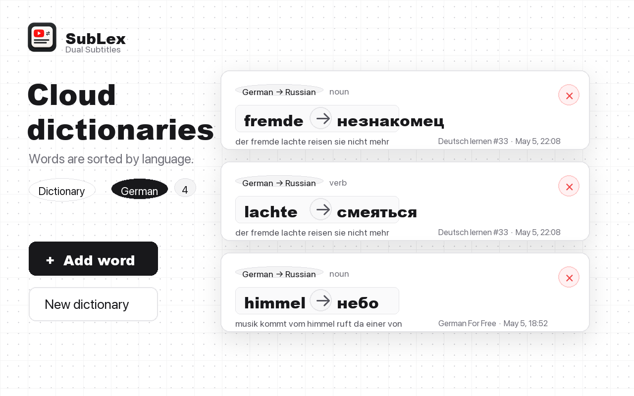 SubLex cloud dictionaries with saved words from YouTube subtitles