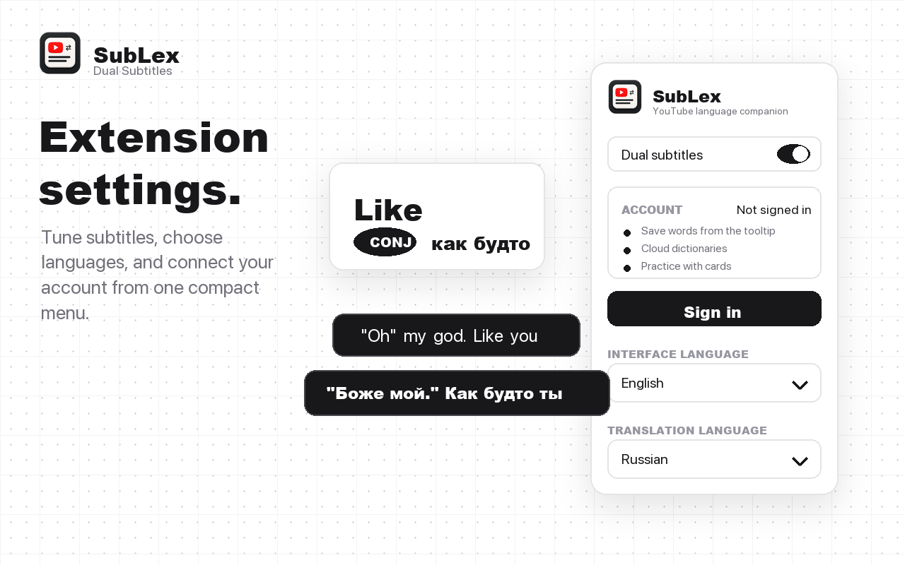 SubLex extension popup with dual subtitle settings