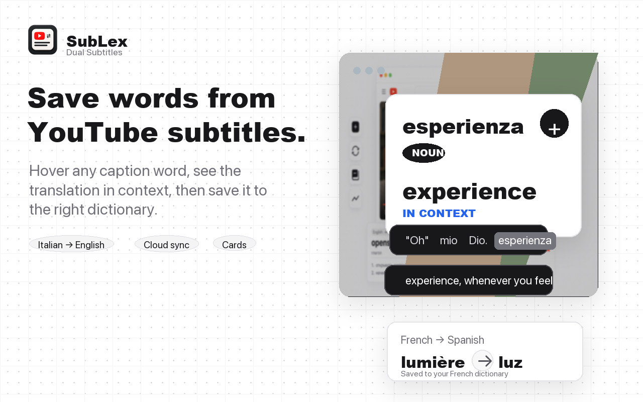 SubLex word translation tooltip on a YouTube language learning page